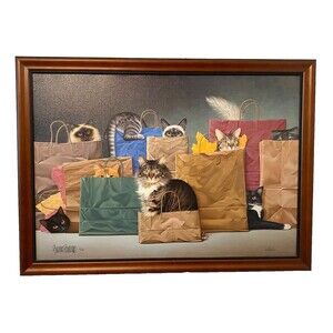 BRALDT BRALDS Signed Canvas Cat BAG LADIES Ltd Ed 131/150 Framed Art Painting